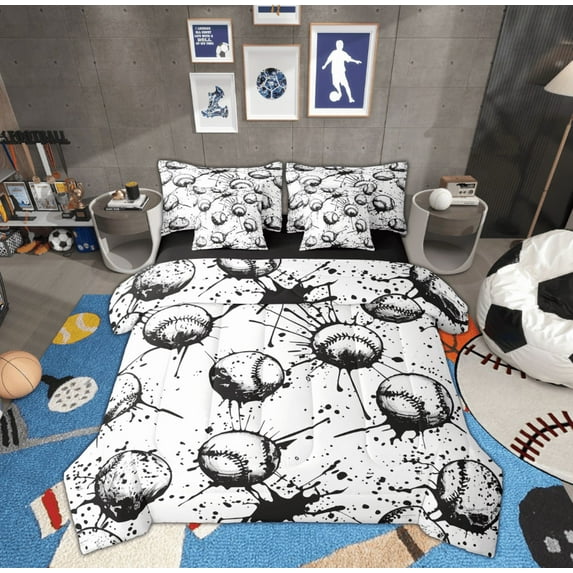 Feelyou Boys Baseball Print Twin Bedding Sets 7-Piece, Sport Ball Player Bedding Comforter Set, Cartoon Watercolor Splash Reversible Sheet Sets, Lightweight Room Decor