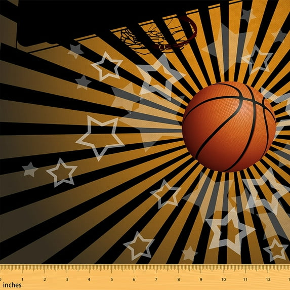 Feelyou Boys Basketball Sports Fabric by the Yard 1 Yard, Black Orange Stripes Room Decor Fabric by the Yard, Cartoon Stars Print Fabric for Sewing, Luxury Bedroom Decor
