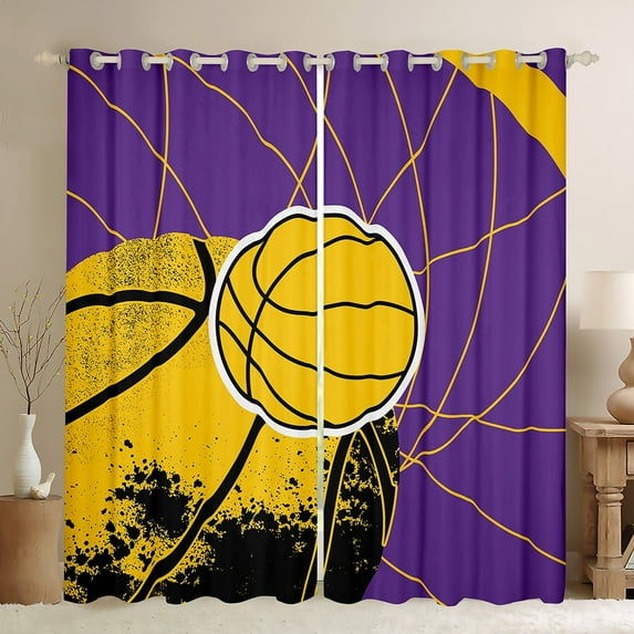 Feelyou Boys Cartoon Basketball Blackout Curtains Set of 2 (52x84 Each), Purple Yellow Stripes Geometric Window Curtains, Modern Ball Game Curtains and Drapes, Curtains and Drapes Home Decor