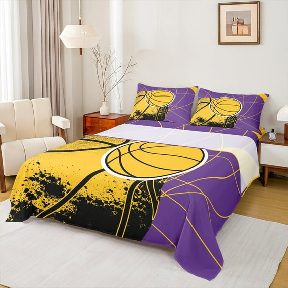 Feelyou Boys Cartoon Basketball Queen Sheet Sets, Purple Yellow Stripes Geometry Flat Sheet, Modern Ball Game Queen Fitted Sheet, Ultra Soft Home Decor, 4-Piece