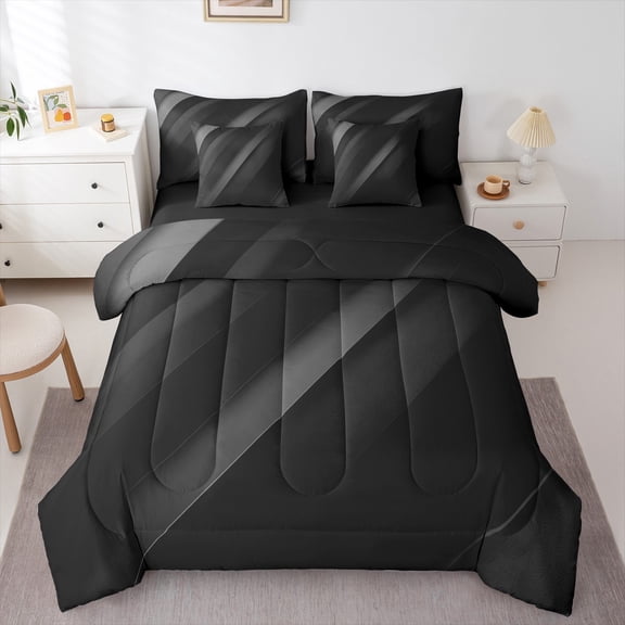 Feelyou Boys Chic Geometric Bedding Comforter Set 7-Piece, Modern Fashion Abstract King Bedding Sets, Grey Square Striped Reversible Bed Sheets, Ultra Soft Home Decor