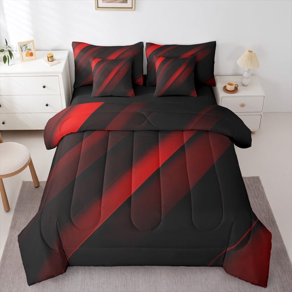 Feelyou Boys Chic Geometric Bedding Comforter Set 7 Pieces, Modern Fashion Abstract Full Bedding Set, Red Square Striped Reversible Fitted Sheet Flat Sheet, Microfiber Bedroom Decor