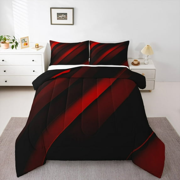 Feelyou Boys Chic Geometric Bedding Comforter Set, Modern Fashion Abstract Twin Comforter Sets, Red Square Striped Reversible Bedding Set, Microfiber Bedroom Decor, 2pcs