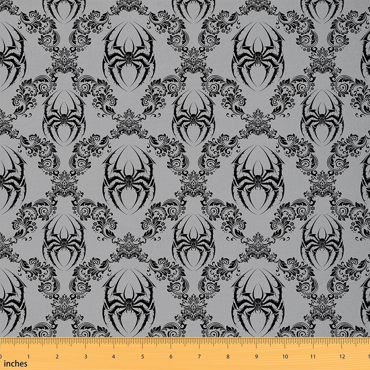 Feelyou Boys Damask Flower Fabric by the Yard 1 Yard, Black Grey Spider Home Decor Fabric by the Yard, Hippie Gothic Halloween Sewing Fabric, Breathable Home Decor