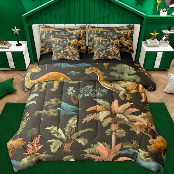 Feelyou Boys Dinosaur Lover Bedding Comforter Set 7pcs, Tropical Coconut Tree King Bedding Sets, Cartoon Jungle Wildlife Reversible Bed Sheets, Microfiber Bedroom Decor