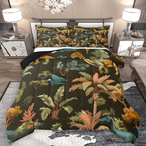 Feelyou Boys Dinosaur Lover Bedding Comforter Set, Tropical Coconut Tree Twin Comforter Sets, Cartoon Jungle Wildlife Reversible Bedding Set, Microfiber Bedroom Decor, 2-Piece