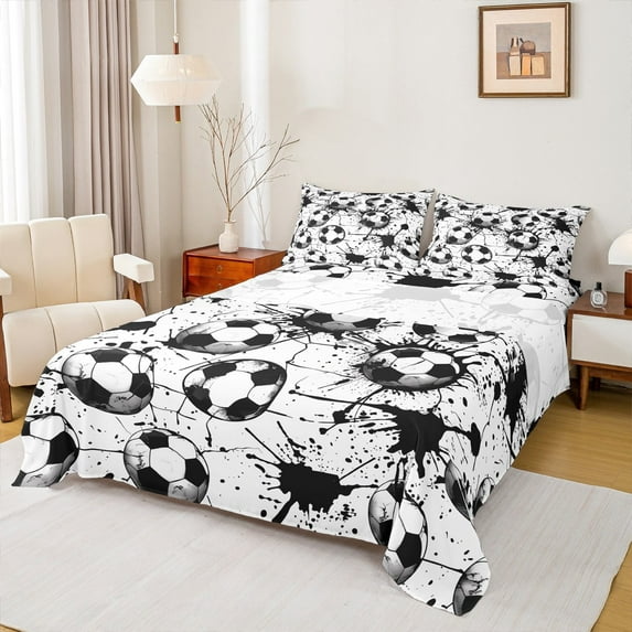 Feelyou Boys Football Print Twin Sheet Sets, Sport Soccer Player Twin Fitted Sheet, Cartoon Watercolor Splash Flat Sheet, Lightweight Room Decor, 3-Piece