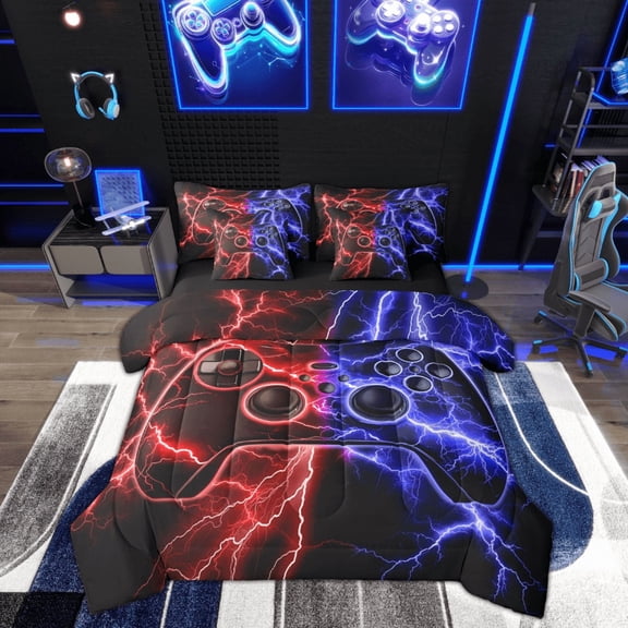 Feelyou Boys Game Console Bedding Comforter Set 7 Pieces, Futuristic Red Blue Lightning Full Bedding Set, Gamepad Player Reversible Fitted Sheet Flat Sheet, Lightweight Room Decor