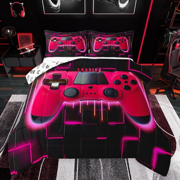 Feelyou Boys Game Console Bedding Comforter Set, Modern Fashion Red Gamepad Twin Comforter Sets, Neon Glowing Honeycomb Square Reversible Bedding Set, Super Cozy Room Decor, 2-Piece