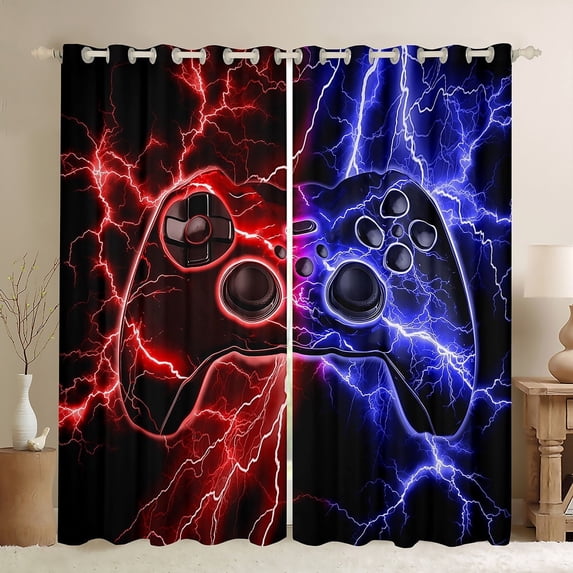 Feelyou Boys Game Console Black Out Curtains, Futuristic Red Blue Lightning Curtains Pack of 2 (42x63 Each), Gamepad Player Bedroom Curtains, Window Curtains Room Decor