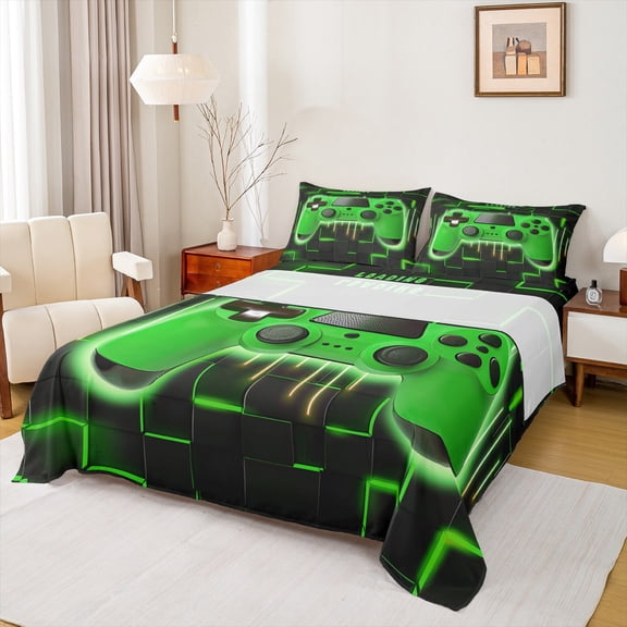 Feelyou Boys Game Console Queen Sheet Sets, Green Modern Gamepad Flat Sheet, Neon Glowing Honeycomb Square Queen Fitted Sheet, Microfiber Bedroom Decor, 4-Piece