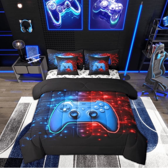 Feelyou Boys Game Console Twin Bedding Sets 7-Piece, Video Game Player Bedding Comforter Set, Blue Red Stripes Reversible Sheet Sets, Luxury Bedroom Decor