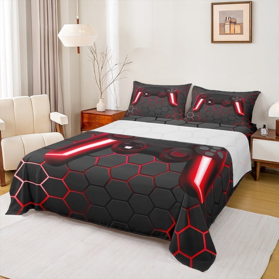 Feelyou Boys Games Console Queen Sheet Sets, Mystic Red Honeycomb Flat Sheet, Cartoon Gamepad Theme Queen Fitted Sheet, Lightweight Room Decor, 4 Pieces