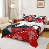 Feelyou Boys Gaming Gamer Twin Sheet Sets, Red Game Console Gamepad Twin Fitted Sheet, Cartoon Stars Print Flat Sheet, Breathable Home Decor, 3-Piece