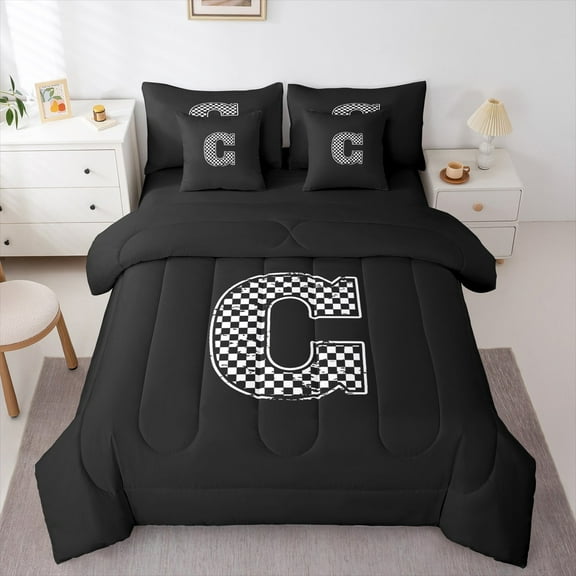 Feelyou Boys Initial Letter C Twin Bedding Sets 7-Piece, Black Monogrammed A to Z Bedding Comforter Set, Cartoon Theme Reversible Sheet Sets, Lightweight Room Decor