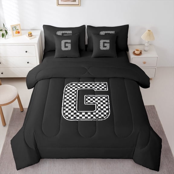 Feelyou Boys Initial Letter G Bedding Comforter Set 7 Pieces, Black Monogrammed A to Z Full Bedding Set, Cartoon Theme Reversible Fitted Sheet Flat Sheet, Microfiber Bedroom Decor