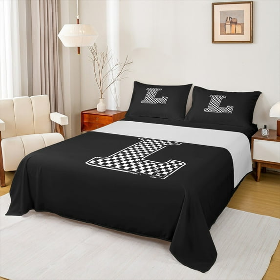 Feelyou Boys Initial Letter L Twin Sheet Sets, Black Monogrammed A to Z Twin Fitted Sheet, Cartoon Theme Flat Sheet, Ultra Soft Home Decor, 3-Piece
