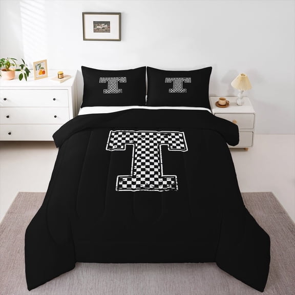 Feelyou Boys Initial Letter T Bedding Comforter Set, Black Monogrammed A to Z Twin Comforter Sets, Cartoon Theme Reversible Bedding Set, Microfiber Bedroom Decor, 2pcs