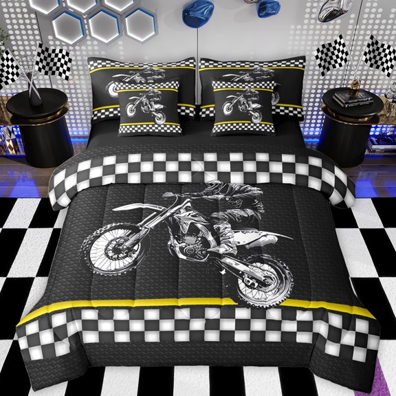 Feelyou Boys Motorcycle Sports Bedding Comforter Set 7pcs, Extreme Sport Atehlete King Bedding Sets, Black White Checkered Buffalo Reversible Bed Sheets, Microfiber Bedroom Decor