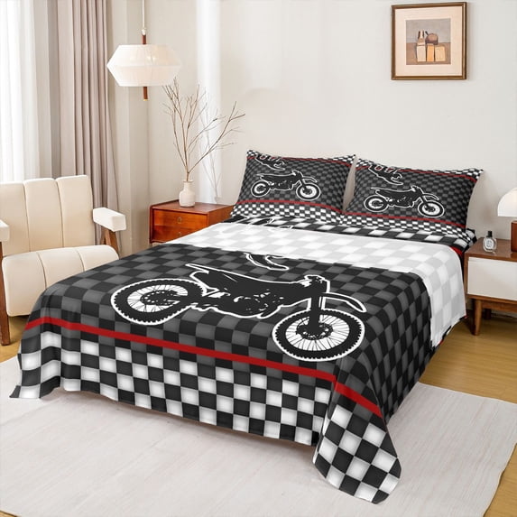 Feelyou Boys Motorcycle Sports Twin Sheet Sets, Extreme Sport Atehlete Twin Fitted Sheet, Black White Checkered Buffalo Flat Sheet, Microfiber Bedroom Decor, 3pcs