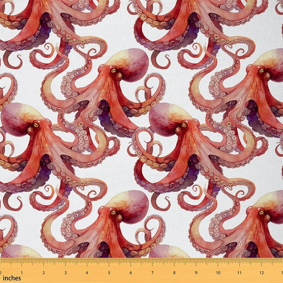 Feelyou Boys Octopus Print Fabric by the Yard 1 Yard, White Red Animal Room Decor Fabric by the Yard, Cartoon Sealife Fabric for Sewing, Super Cozy Room Decor