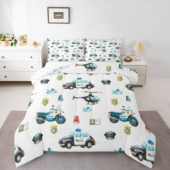 Feelyou Boys Police Motorcycle Full Size Comforter Sets, Cartoon Car Vehicle Bedding Comforter Set, Helicopter Airplane Reversible Bedding Sets, Lightweight Room Decor, 3 Pieces