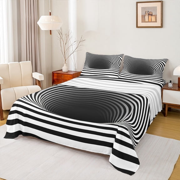 Feelyou Boys Psychedelic Swirl Bed Sheets, Black White Stripes King Sheets, Chic Geometric Abstract Sheet Set, Super Cozy Room Decor, 4 Pieces
