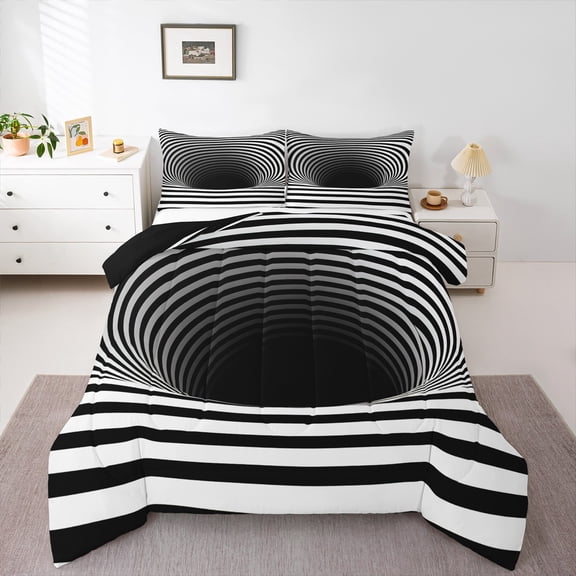 Feelyou Boys Psychedelic Swirl Bedding Comforter Set, Black White Stripes Twin Comforter Sets, Chic Geometric Abstract Reversible Bedding Set, Super Cozy Room Decor, 2 Pieces