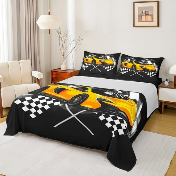 Feelyou Boys Racing Car Bed Sheets, Orange Automobile Sports King Sheets, Checkered Flag Sheet Set, Ultra Soft Home Decor,4 Pieces