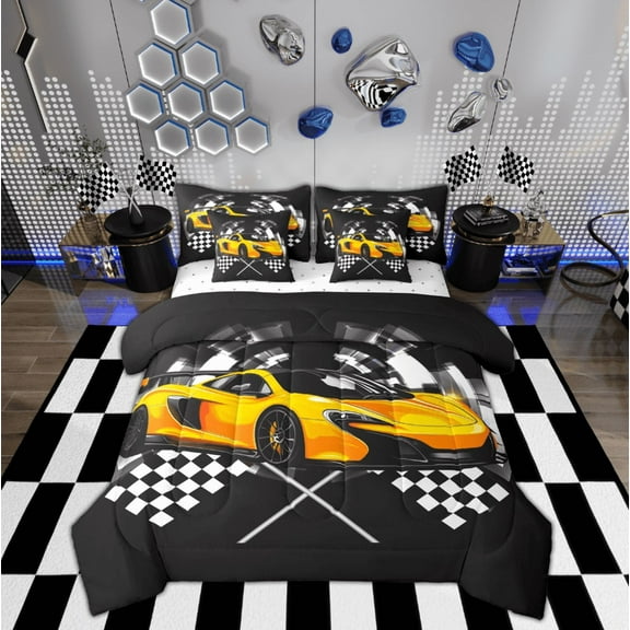 Feelyou Boys Racing Car Bedding Comforter Set 7pcs, Orange Automobile Sports King Bedding Sets, Checkered Flag Bed Sheets, Ultra Soft Home Decor