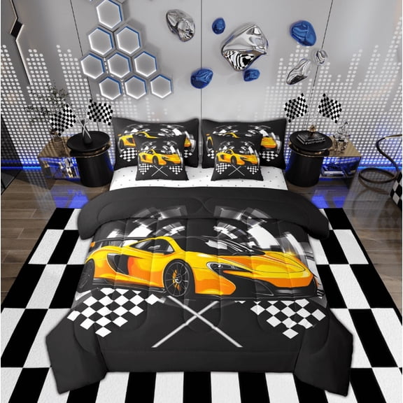 Feelyou Boys Racing Car Bedding Comforter Set 7pcs, Orange Automobile Sports Queen Bedding Sets, Checkered Flag Queen Sheet Sets, Ultra Soft Home Decor