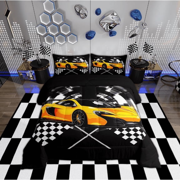 Feelyou Boys Racing Car Full Size Comforter Sets, Orange Automobile Sports Bedding Comforter Set, Checkered Flag Bedding Sets, Ultra Soft Home Decor,3 Pieces