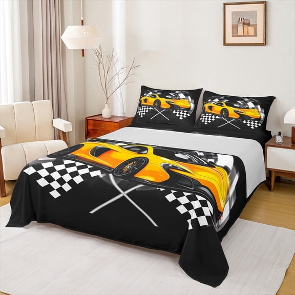Feelyou Boys Racing Car Twin Sheet Sets, Orange Automobile Sports Twin Fitted Sheet, Checkered Flag Flat Sheet, Ultra Soft Home Decor,3 Pieces