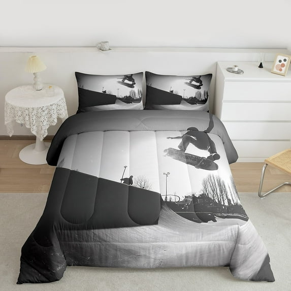 Feelyou Boys Skateboard Lover Queen Comforter Set for Kids, Street Sport Player Bedding Sets, Modern Outdoor Game Bedding Comforter Set, Ultra Soft Home Decor, 3-Piece