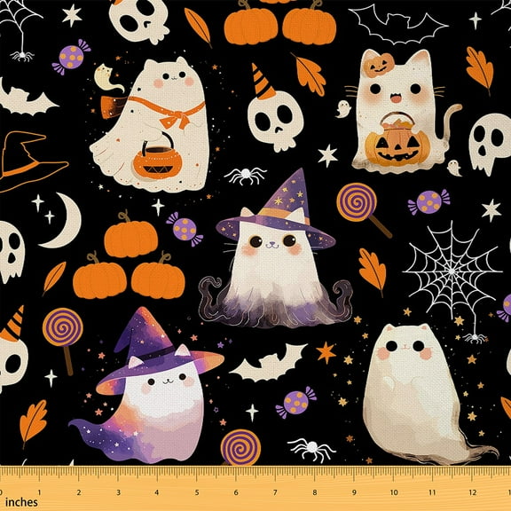 Feelyou Boys Spooky Halloween Fabric by the Yard 1 Yard, Magical Ghost Home Decor Fabric by the Yard, Cartoon Theme Sewing Fabric, Lightweight Room Decor