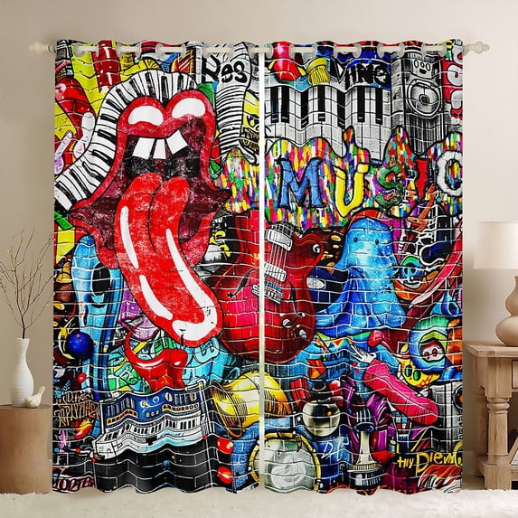 Feelyou Boys Street Graffiti Blackout Curtains Set of 2 (52x84 Each), Rock and Roll Music Window Curtains, Modern Fashion Artwork Curtains and Drapes, Curtains and Drapes Room Decor