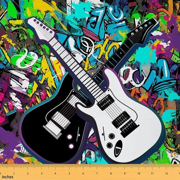 Feelyou Boys Street Graffiti Fabric by the Yard 1 Yard, Hip Hop Music Room Decor Fabric by the Yard, Rock and Roll Fabric for Sewing, Microfiber Bedroom Decor
