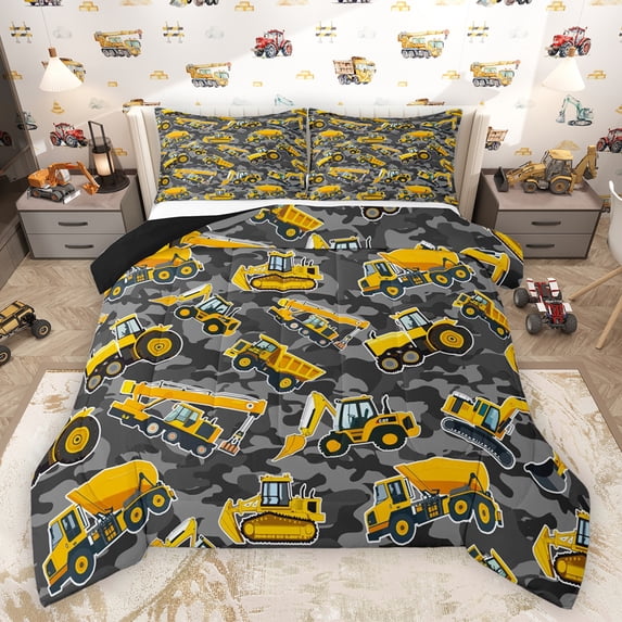 Feelyou Boys Vehicle Truck Full Size Comforter Sets, Grey Camouflage Abstract Bedding Comforter Set, Cartoon Car Theme Reversible Bedding Sets, Breathable Home Decor, 3 Pieces