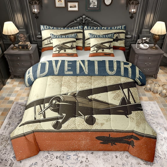 Feelyou Boys Vintage Helicopter 7-Piece Queen Bedding Set, Adventure Steam Engine Sheets