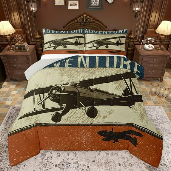 Feelyou Boys Vintage Helicopter Bedding Comforter Set, Adventure Explorer Twin Comforter Sets, Western Steam Engine Reversible Bedding Set, Breathable Home Decor, 2-Piece