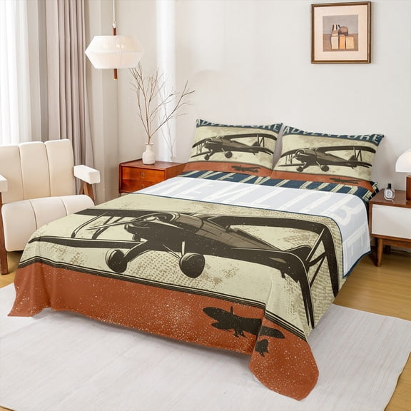 Feelyou Boys Vintage Helicopter Twin Sheet Sets, Adventure Explorer Twin Fitted Sheet, Western Steam Engine Flat Sheet, Breathable Home Decor, 3-Piece