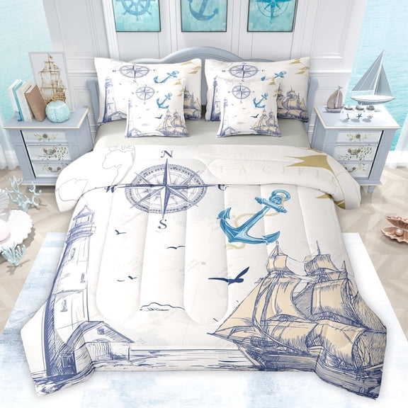 Feelyou Boys Vintage Sailboat Bedding Comforter Set 7 Pieces, Nautical Lighthouse Full Bedding Set, Cartoon Anchor Rudder Reversible Fitted Sheet Flat Sheet, Breathable Home Decor
