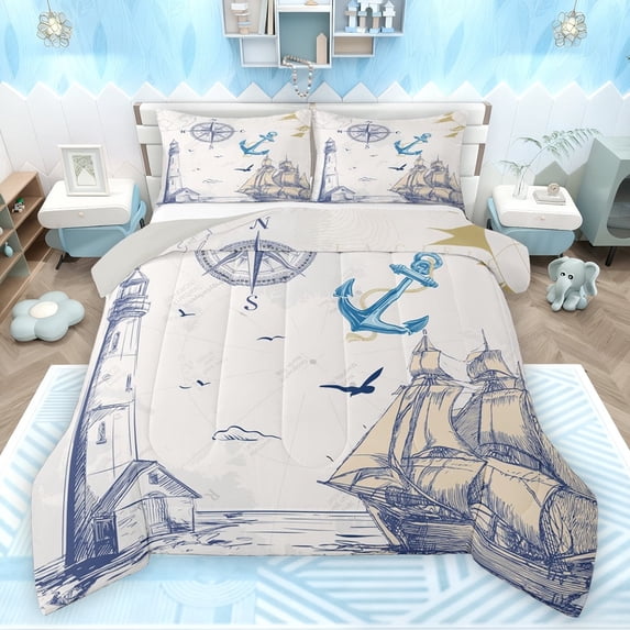 Feelyou Boys Vintage Sailboat Bedding Comforter Set, Nautical Lighthouse Twin Comforter Sets, Cartoon Anchor Rudder Reversible Bedding Set, Breathable Home Decor, 2pcs
