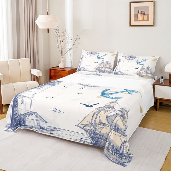Feelyou Boys Vintage Sailboat Twin Sheet Sets, Nautical Lighthouse Twin Fitted Sheet, Cartoon Anchor Rudder Flat Sheet, Breathable Home Decor, 3pcs