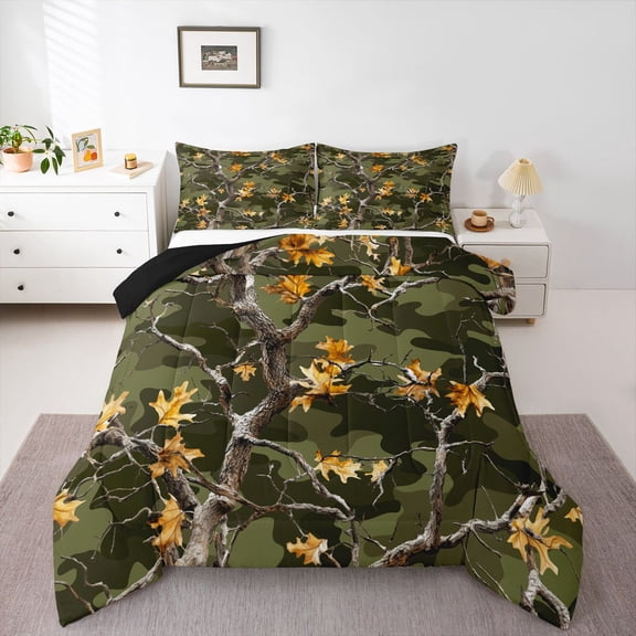 Feelyou Branch Tree Queen Comforter Set, Olive Camo Bedding Comforter Set, 3 Pieces