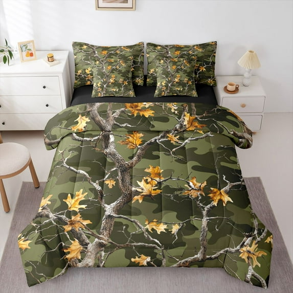 Feelyou Branch Tree Twin Bedding Sets 7pcs, Olive Camo Bedding Comforter Set