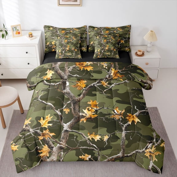 Feelyou Branch Tree Twin Bedding Sets 7pcs, Olive Camo Bedding Comforter Set