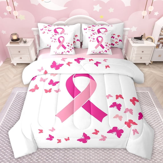 Feelyou Breast Cancer Awareness Twin Bedding Sets 7-Piece, Kawaii Butterfly Animal Bedding Comforter Set, Teen Kid Women Girl Reversible Sheet Sets, Microfiber Bedroom Decor