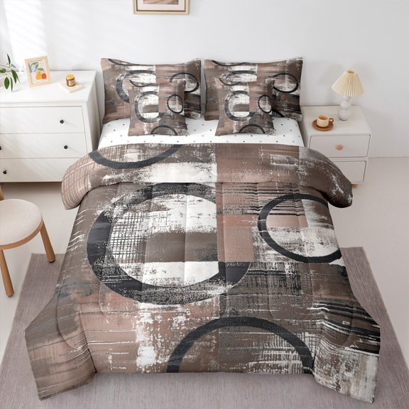 Feelyou Brown Abstract Ombre Bedding Comforter Set 7-Piece, Square Circle Geometric King Bedding Sets, Teen Kid Child Adult Reversible Bed Sheets, Lightweight Room Decor