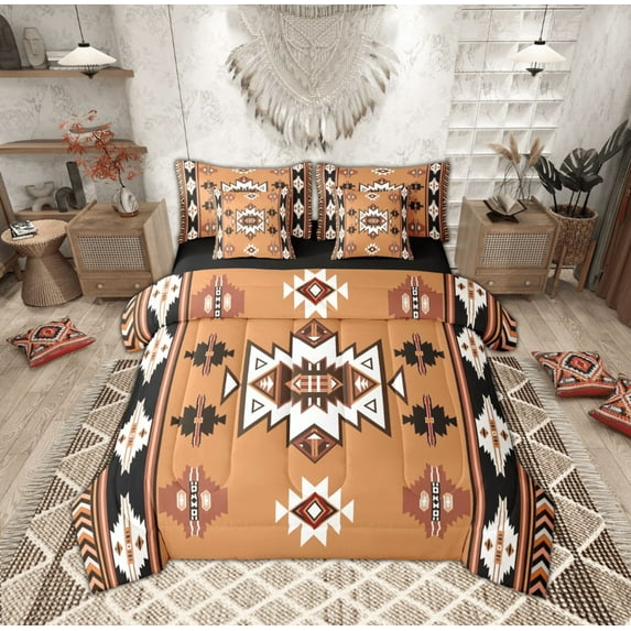 Feelyou Brown Aztec Geometric Bedding Comforter Set 7 Pieces, Vintage Western Bohemian Full Bedding Set, Hippie Tribal Style Reversible Fitted Sheet Flat Sheet, Lightweight Room Decor